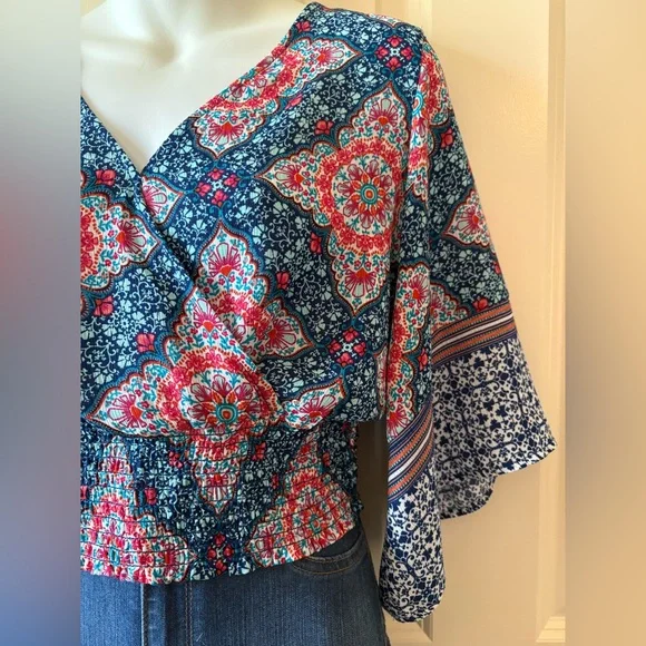 Red and Blue Cropped Wrap Blouse with Dolman Sleeves by twine & string, … - Picture 3 of 8